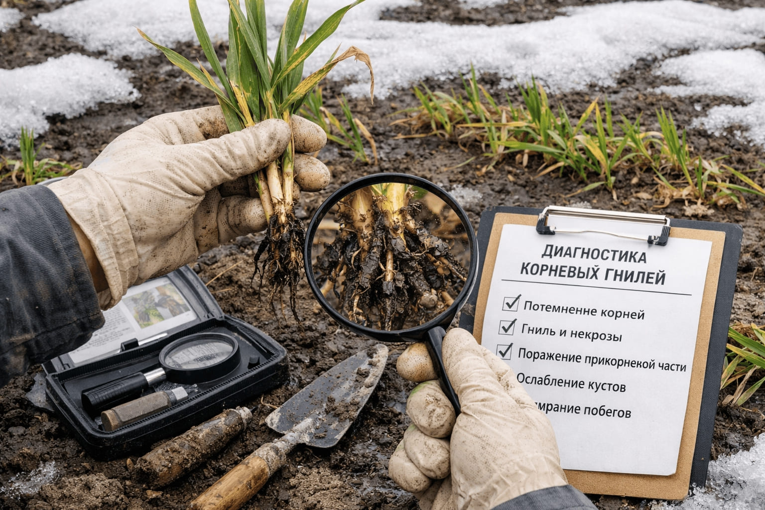 Диагностика корневых гнилей пшеницы весной после схода снега